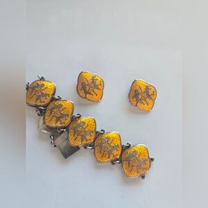 Vintage Siam Sterling Silver Enamel Bracelet & Clip-On Earrings Set